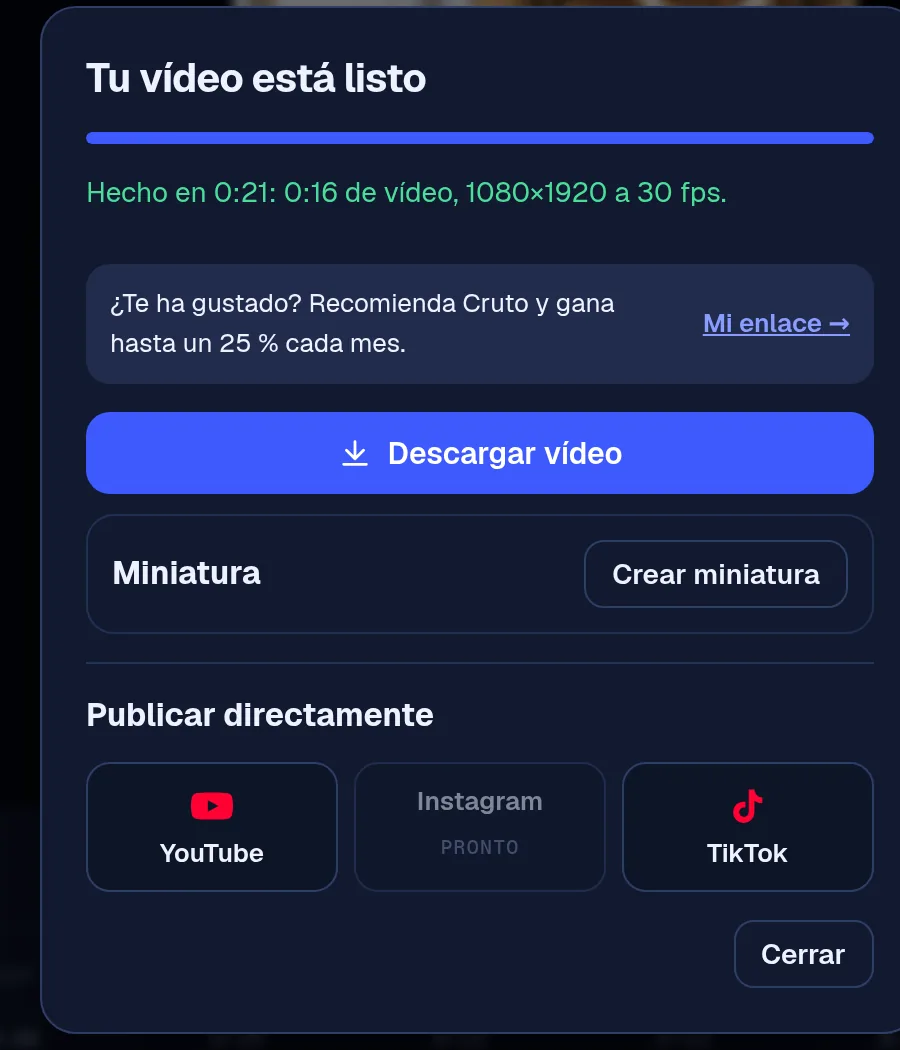 Cruto-Fenster nach dem Export: Video herunterladen, Thumbnail erstellen und auf YouTube oder TikTok veröffentlichen